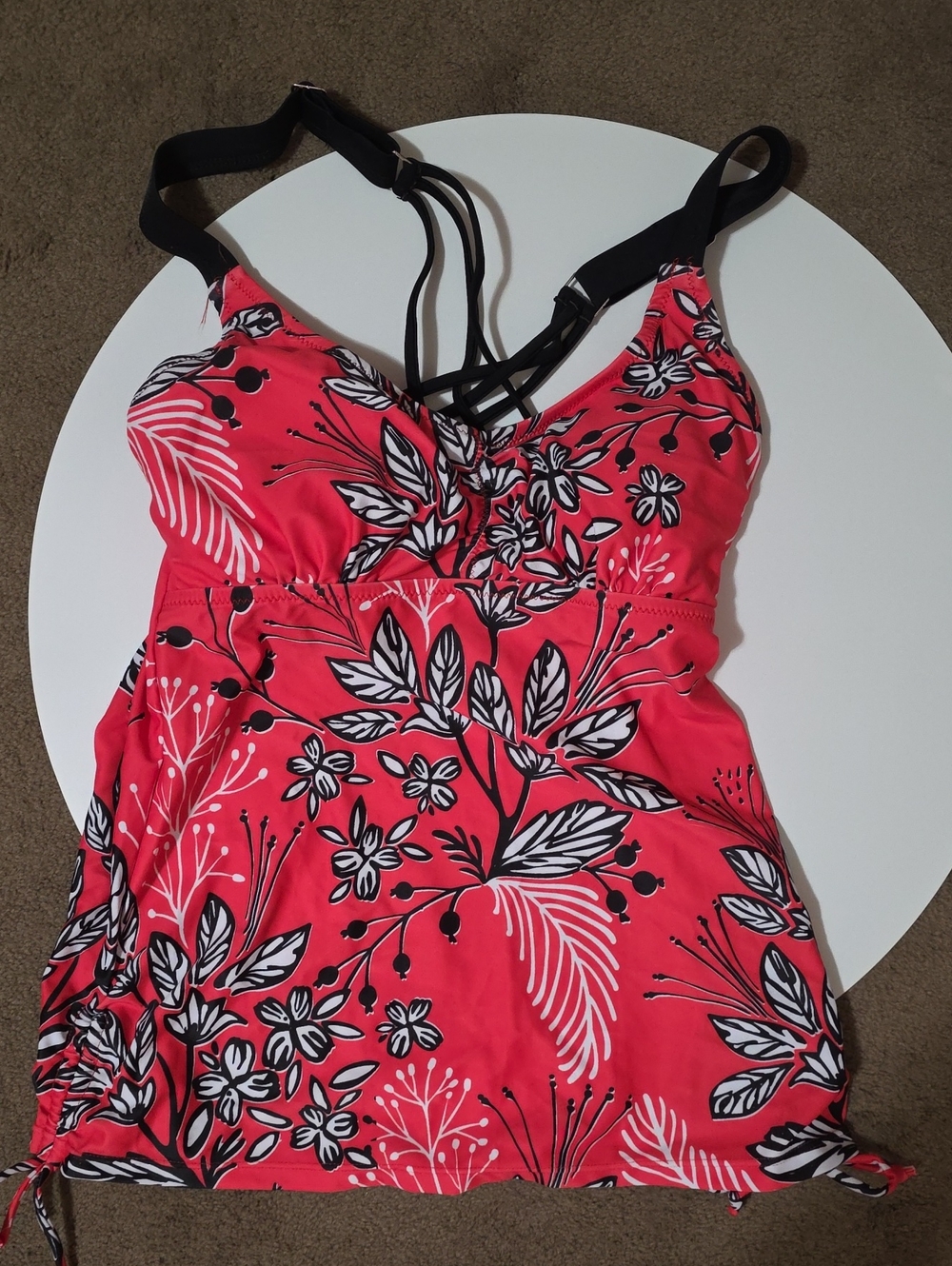 Women’s Floral Red Tankini Swim Top with Black Straps
